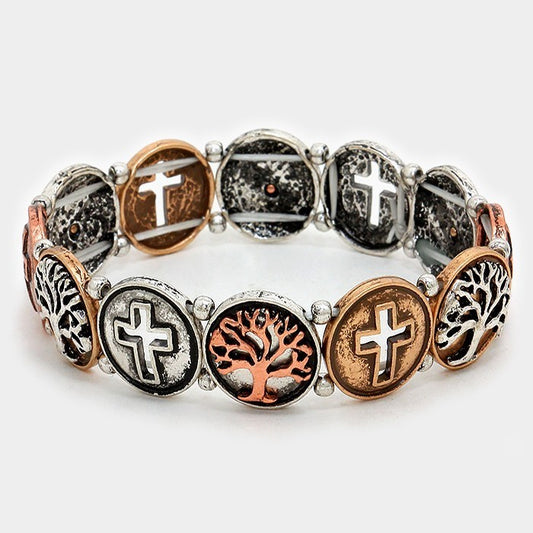 Cross and Tree of Life Stretch Bracelet Spiritual Beaded Jewelry Unisex