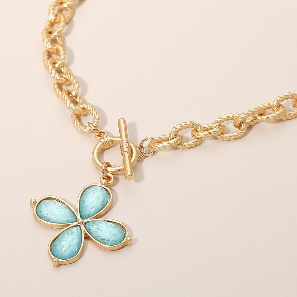 Gold Textured Link Chain Aqua Blue Petal Flower Pendant Toggle Necklace