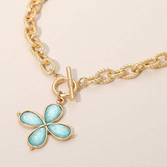 Gold Textured Link Chain Aqua Blue Petal Flower Pendant Toggle Necklace