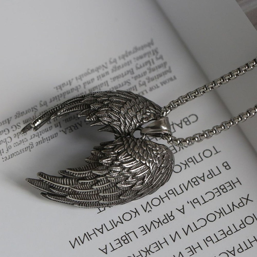 Men's Angel Wing Necklace Stainless Steel Guardian Biker Gothic Pendant Gift