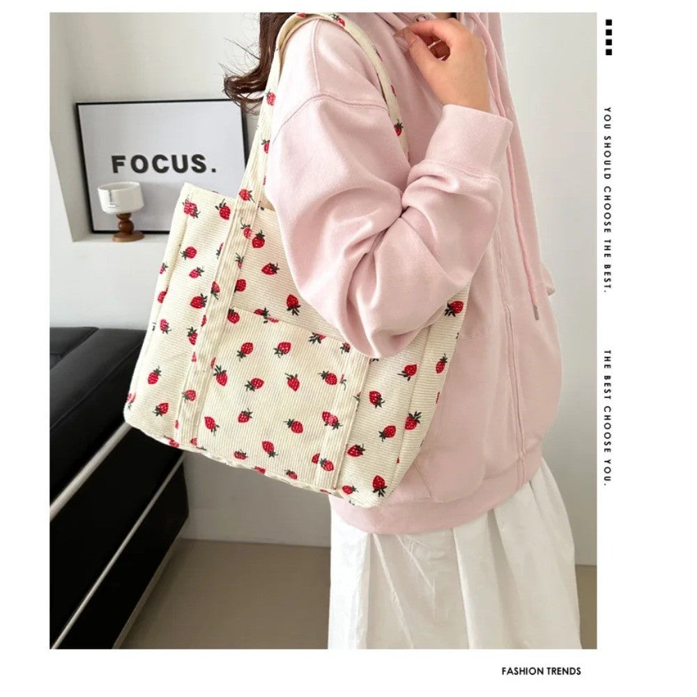 Women’s Corduroy Strawberry Print Tote Bag Large Capacity Shoulder Handbag