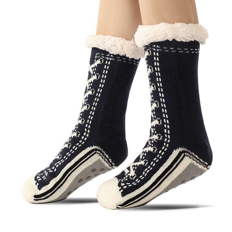 Winter Warm Fuzzy Slipper Socks Women Non-Skid Fleece Lined Knit Black White