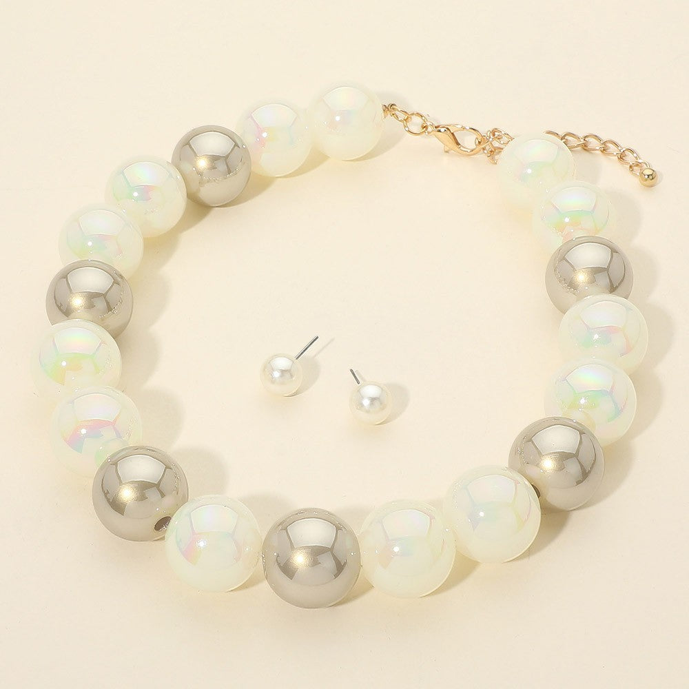 Chunky Brown White Ball Beaded Statement Necklace with Matching Stud Earrings
