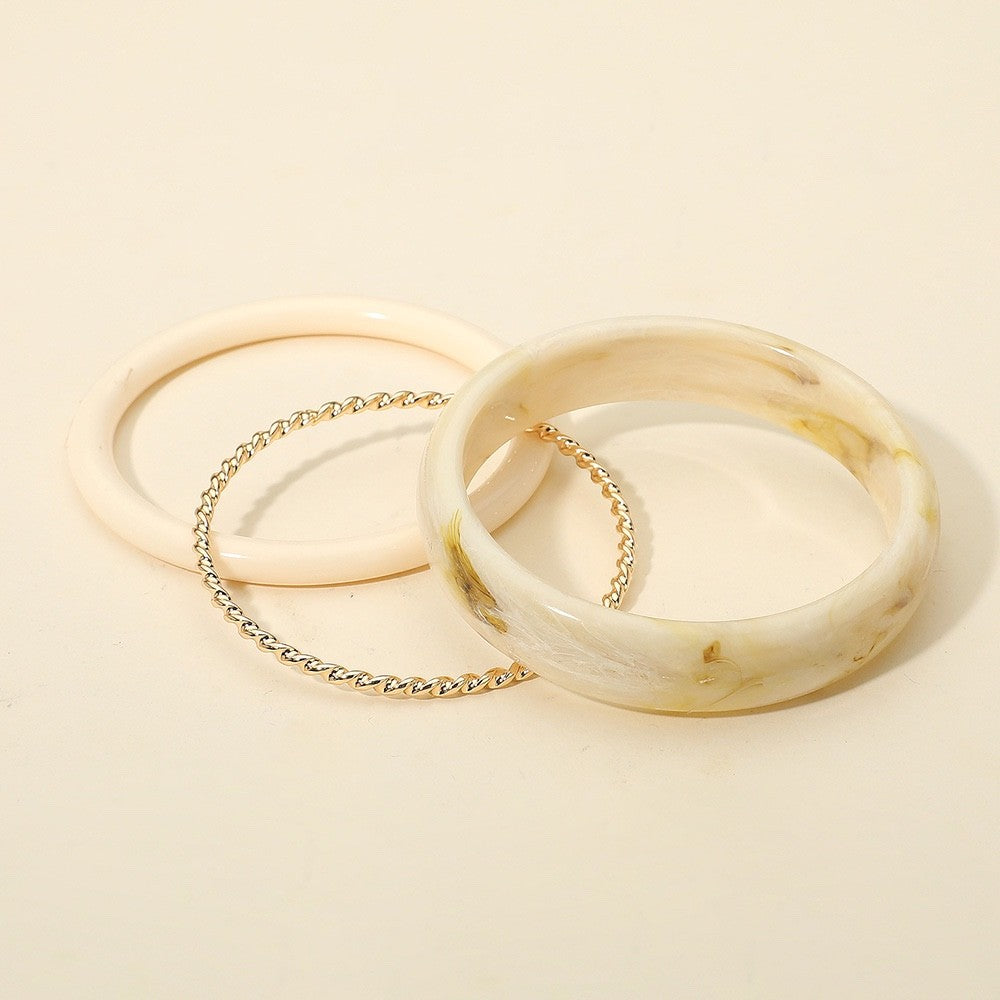 Boho Cream Marbled Resin Bangle Set 3pcs Gold Tone Twisted Metal Stack Bracelet