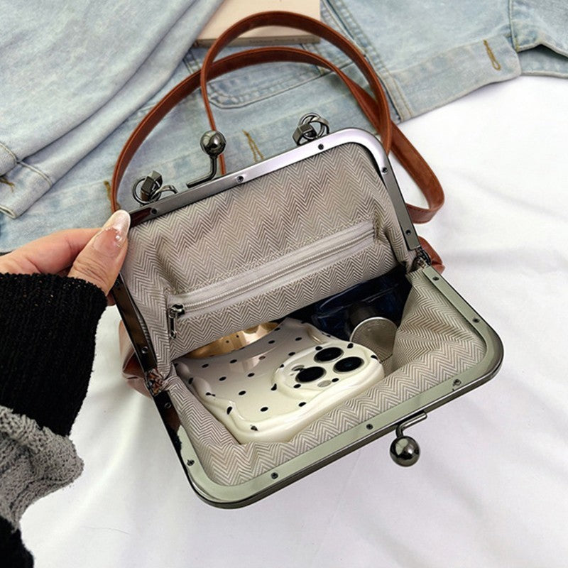 Vintage Black Kiss Lock Frame Bag Shoulder Crossbody Handbag Purse Retro Clutch