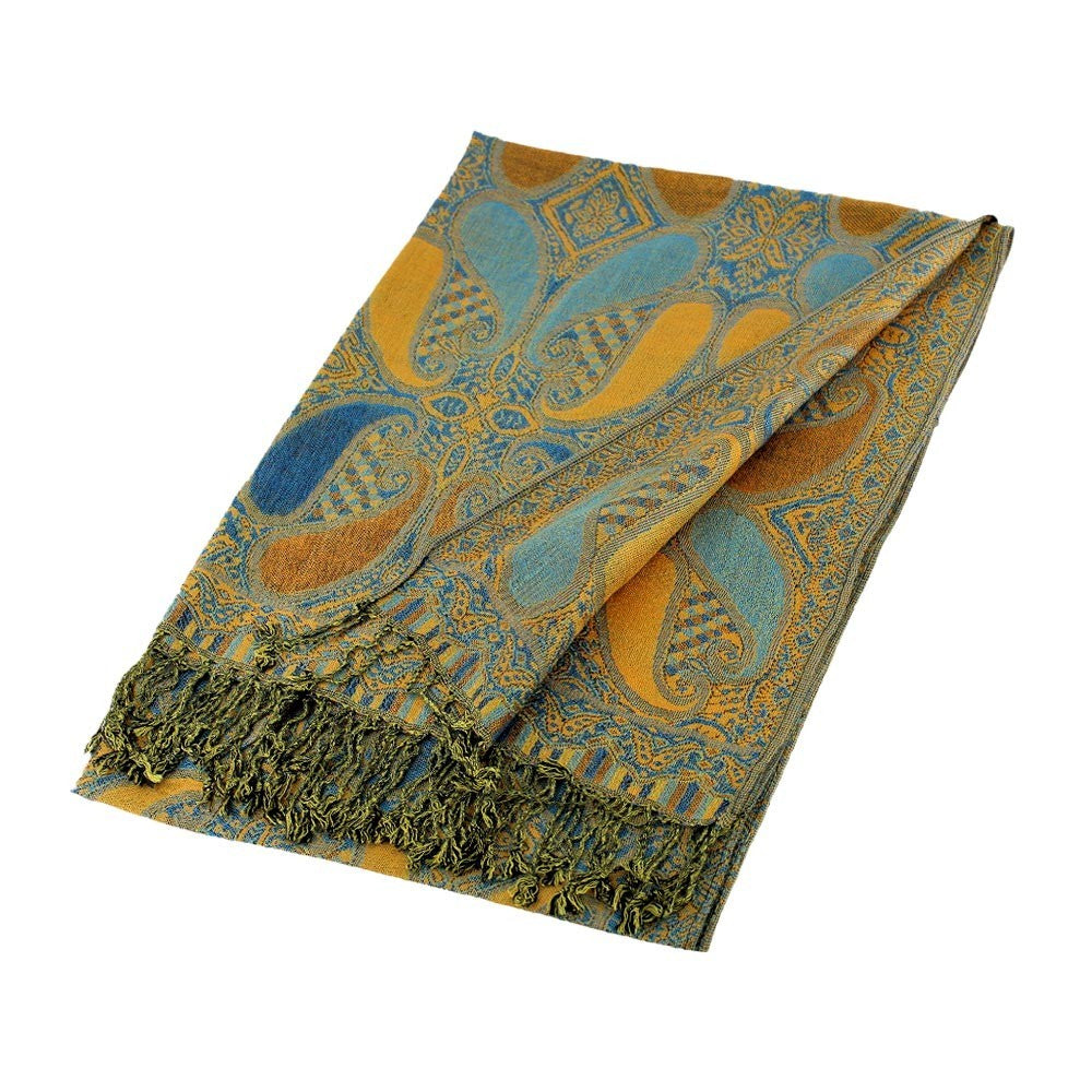 2X Reversible Paisley Pashmina Shawl Set Mustard Gold Teal Blue Scarf Wrap Boho