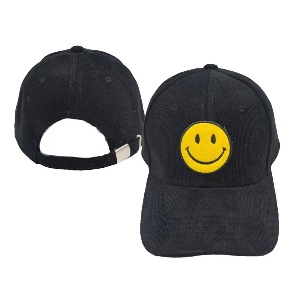 Blue Corduroy Smiley Face Baseball Cap - Vintage Embroidered Happy Face Dad Hat