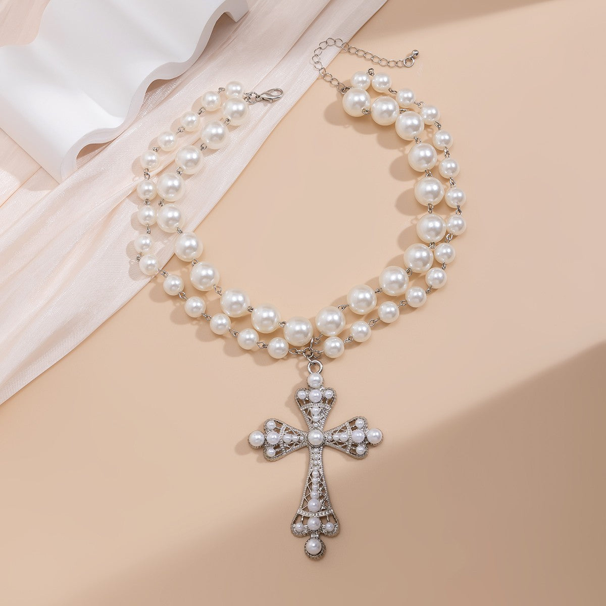 Vintage Double Strand Pearl Cross Choker Necklace Goth Coquette Jewelry