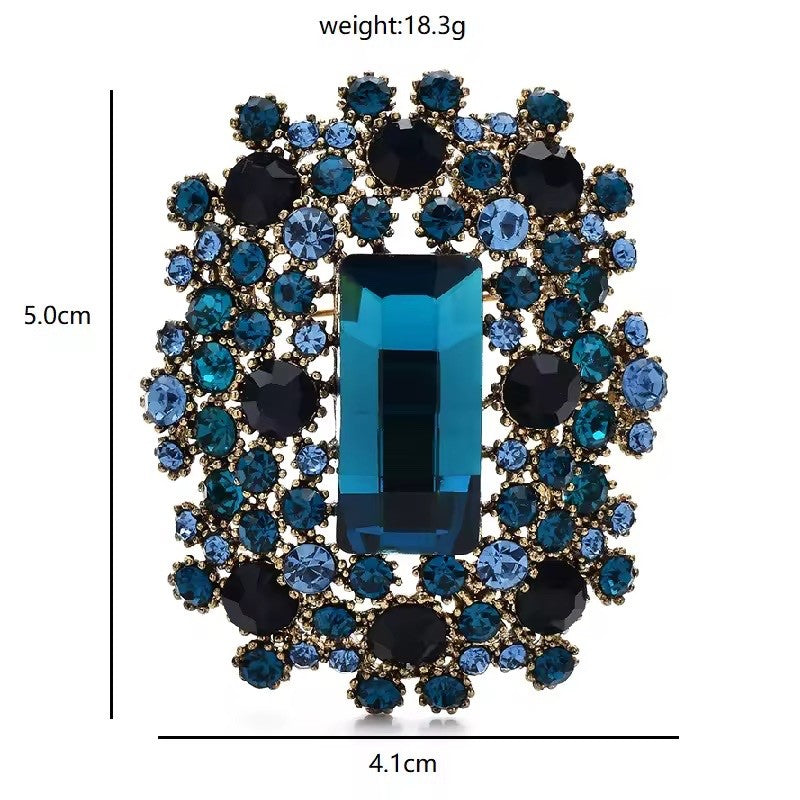 2pcs Vintage Emerald Cut Rhinestone Brooch Set - Blue & Green Statement Pins