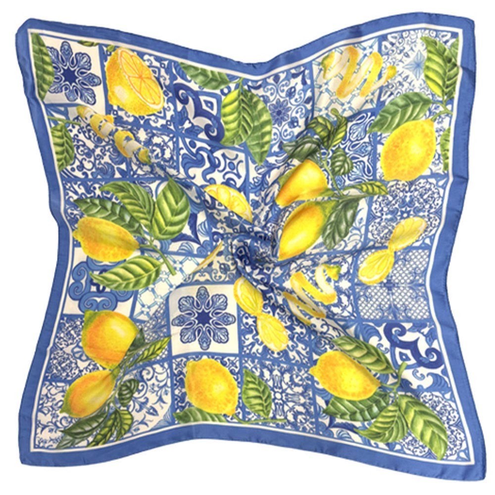 Mediterranean Lemon Tile Print Silk Feel Square Bandana Scarf Blue Yellow 27.6in