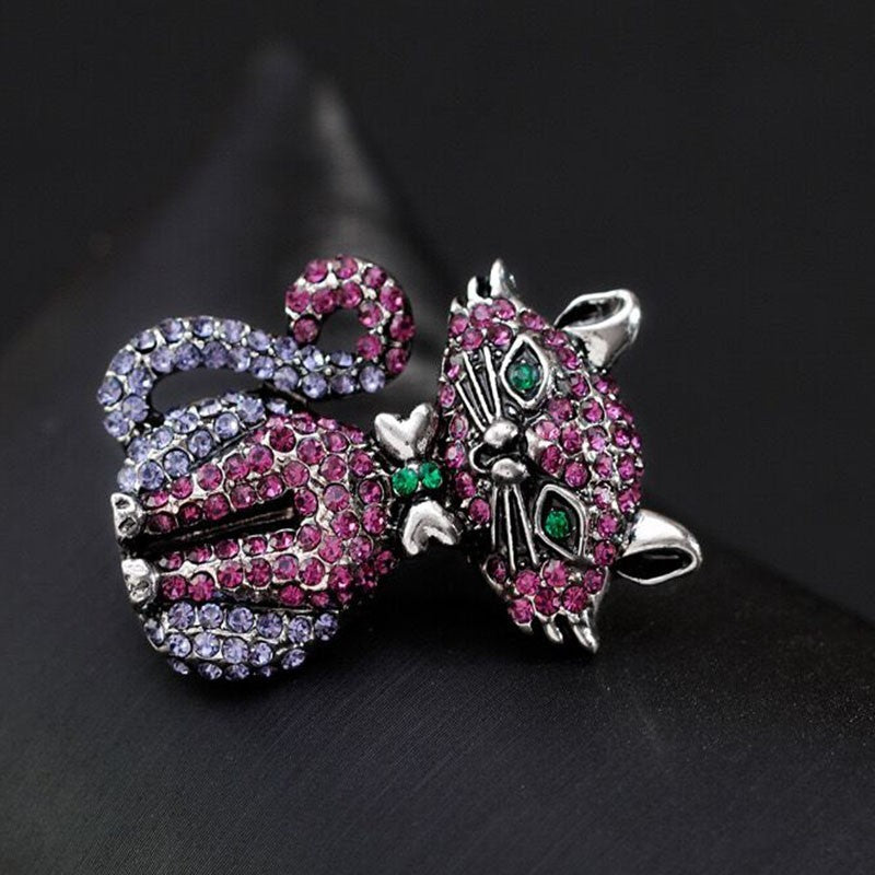 5pcs Cat Brooch Pin Set Rhinestone Enamel Sterling Silver Abalone Shell