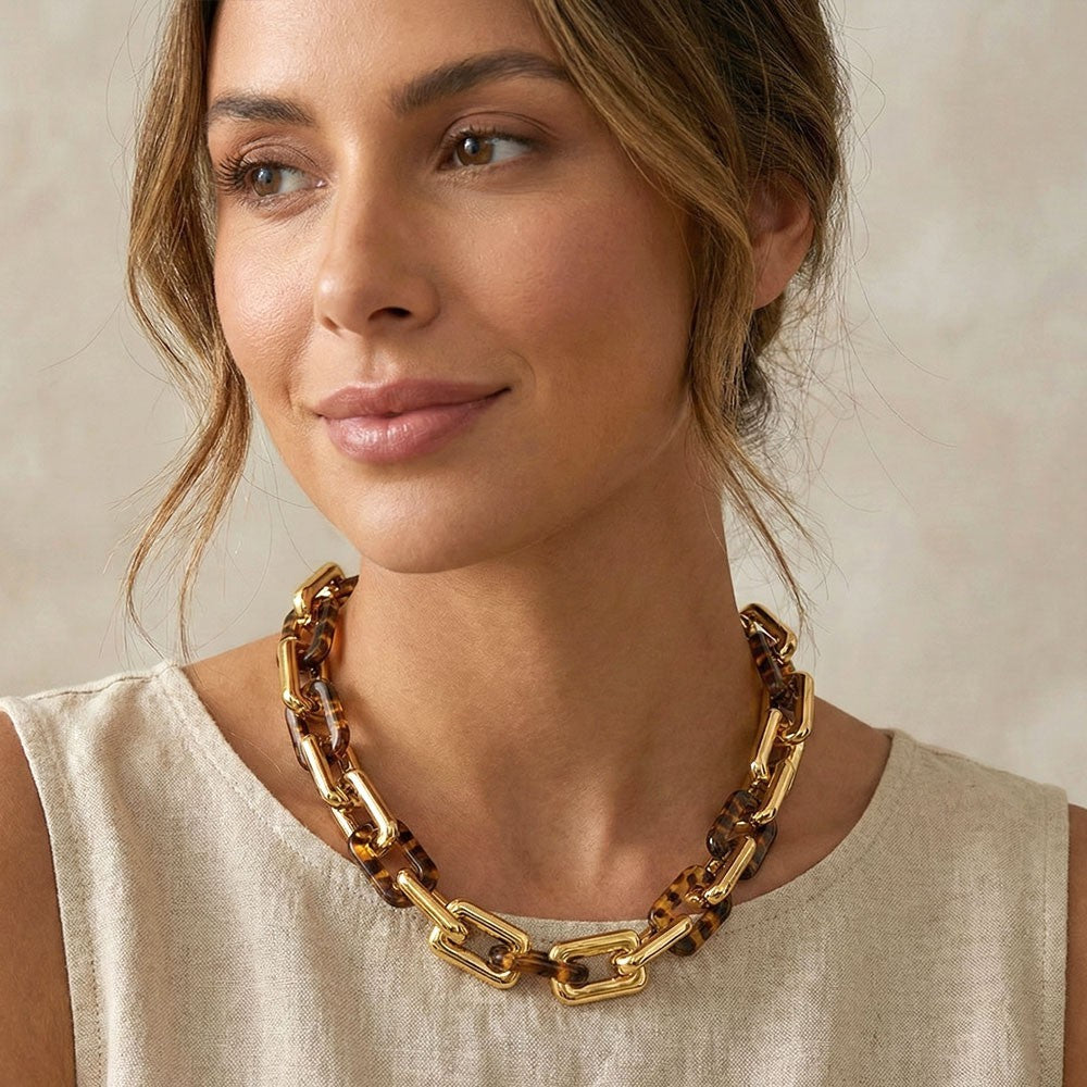 Chunky Geometric Resin Link Statement Tortoiseshell Necklace for Women Gold Tone