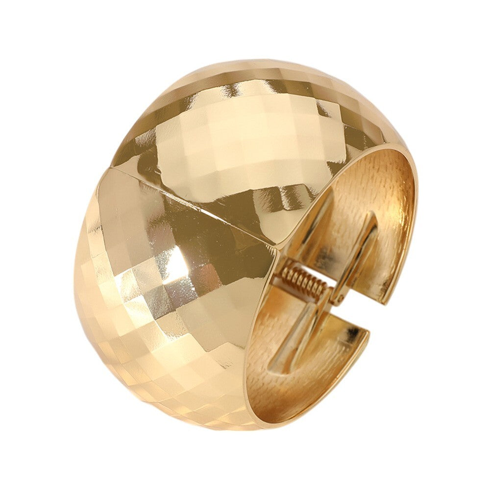 Chunky Gold Tone Textured Metal Wide Hinged Bangle Bracelet Statement Jewelry