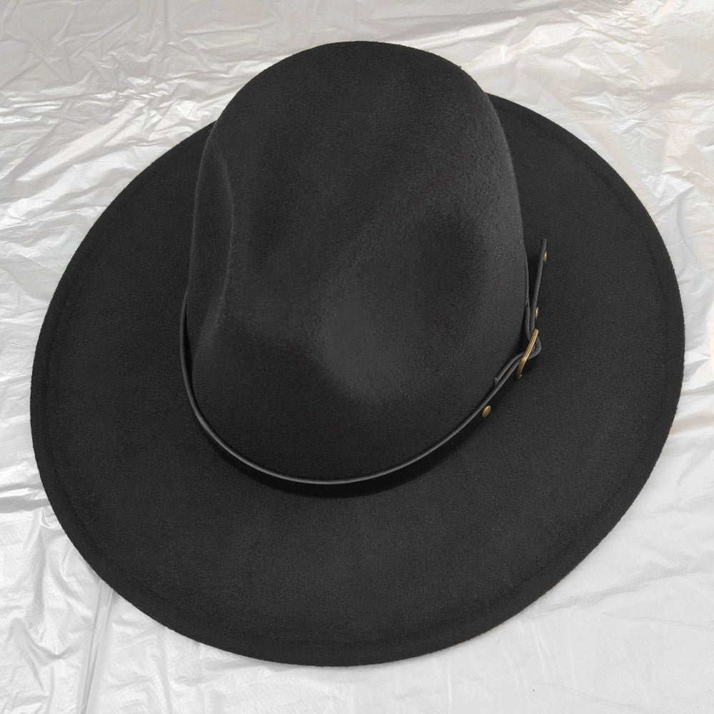 Belt Band Pointed Felt Fedora Hat Wide-Brim with Leather Band Black Red Bottom