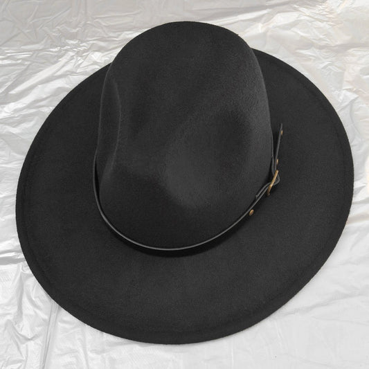Belt Band Pointed Felt Fedora Hat Wide-Brim with Leather Band Black Red Bottom