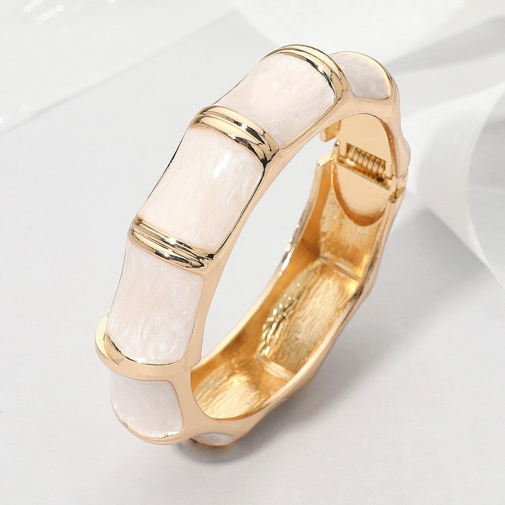 Glitter Enamel Inlay Bamboo Shape Hinged Womens Bangle Bracelet Hinged Closure