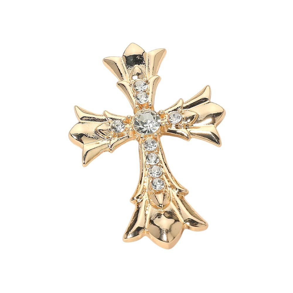 Gold Gothic Ornate Cross Brooch with Sparkling Crystal Rhinestone Accents