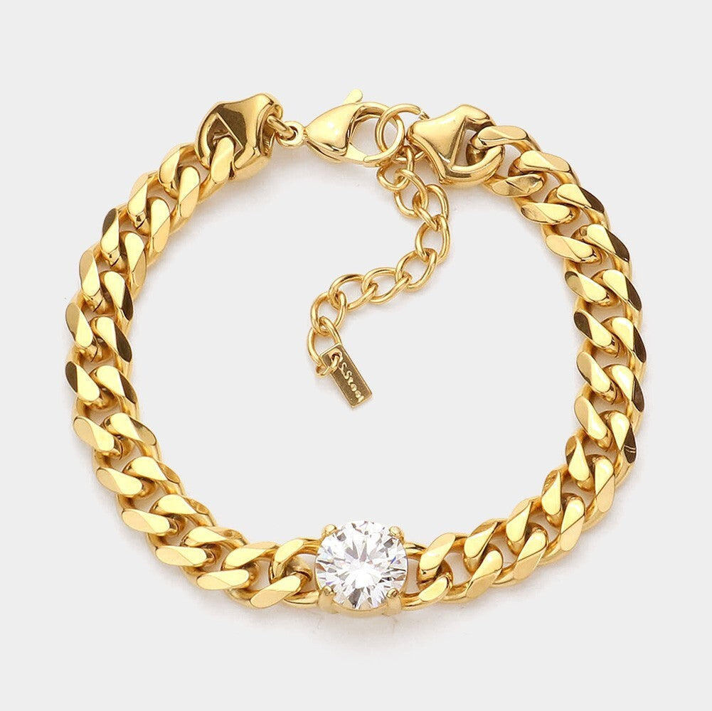 18K Gold Dipped Stainless Steel Chain Link Bracelet CZ Stone Accent Jewelry
