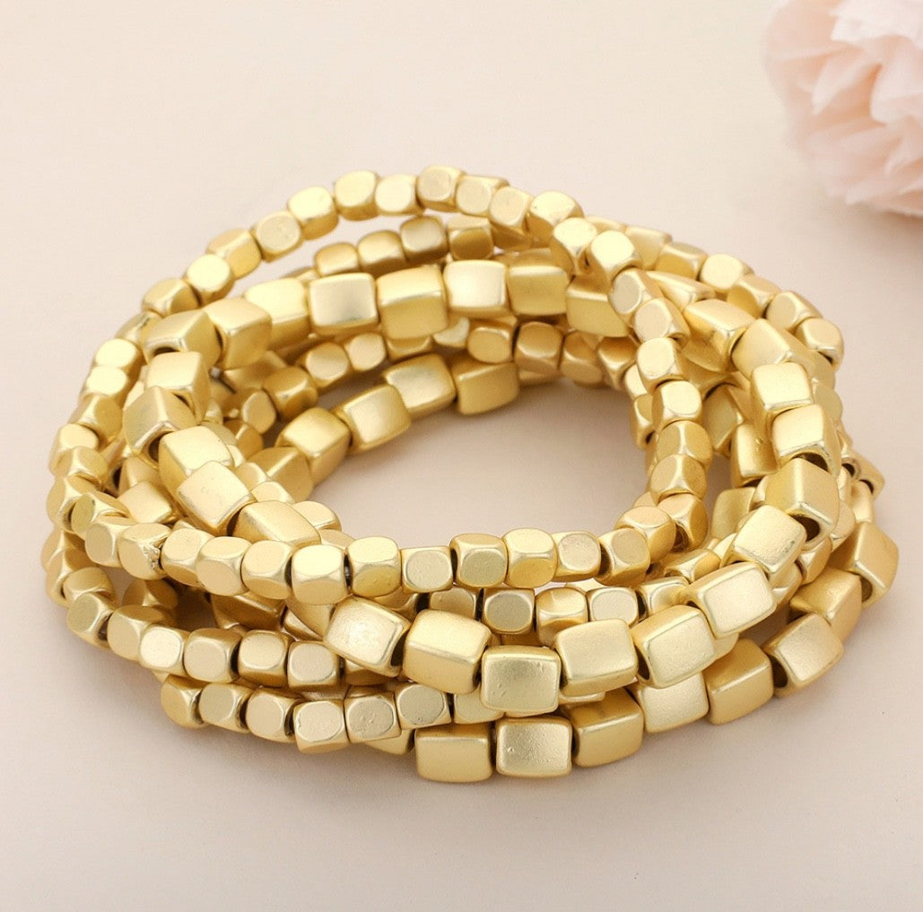 7pcs Matte Gold Square Cube Bead Multi-Strand Statement Stretch Bracelet Set