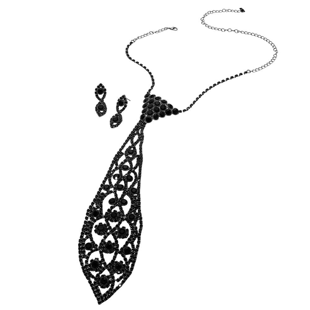 Black Rhinestone Necktie Necklace & Earring Set - Glamour Statement Jewelry
