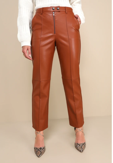 Elevated Option Brown Vegan Leather Straight Leg Pants Zip-Front Medium Lulus