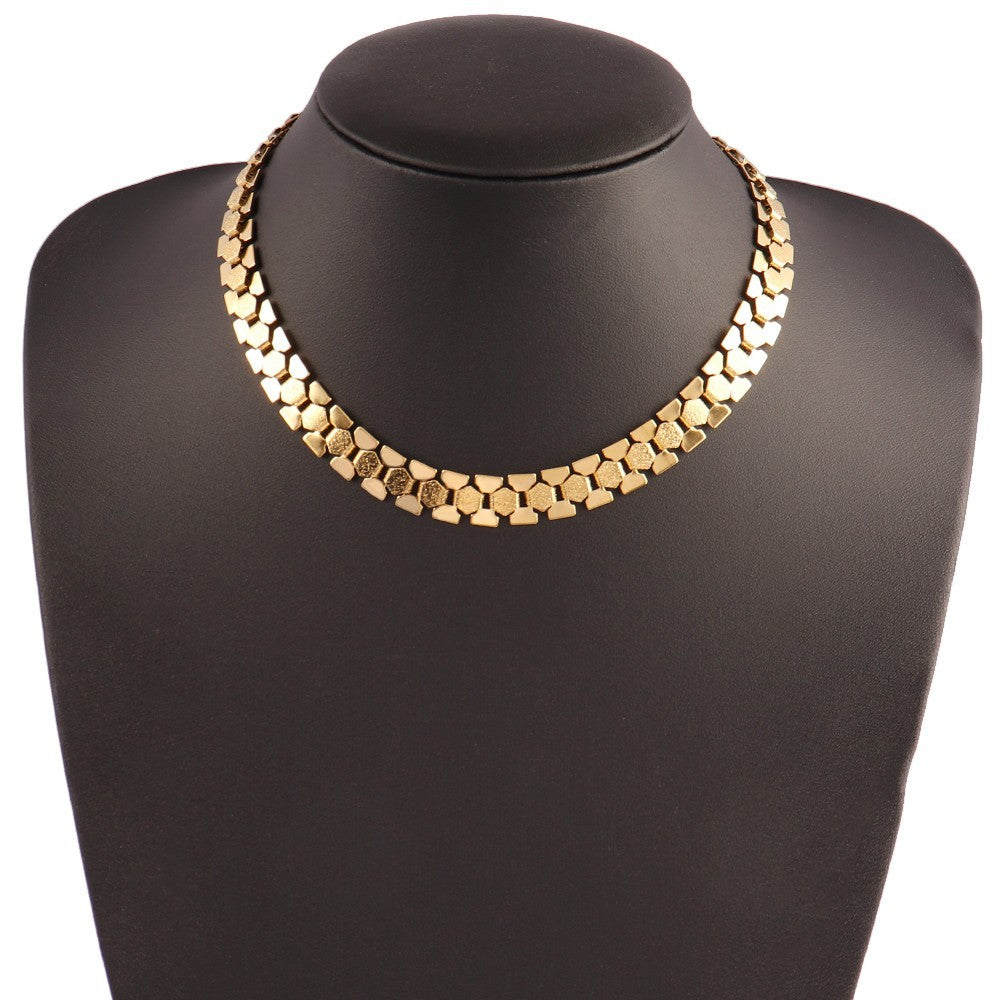 2pcs Gold Silver Tone Segmented Modernist Link Choker Necklace Set