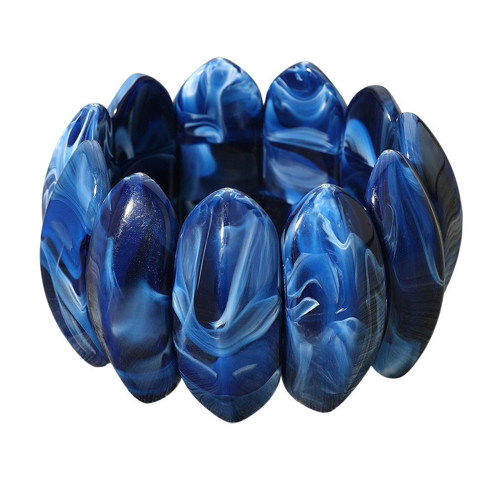 Chunky Bold Marbled Oval Penal Beaded Stretchable Cuff Bracelet for Women Blue