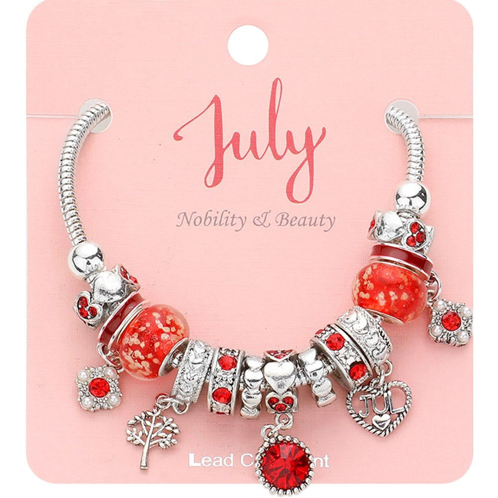 July Birthstone Bracelet for Women Red Charm Beaded Bracelet Jewelry Gift Idea