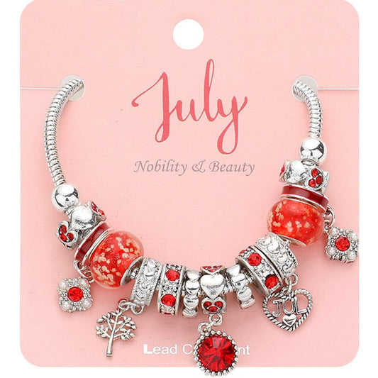 July Birthstone Bracelet for Women Red Charm Beaded Bracelet Jewelry Gift Idea