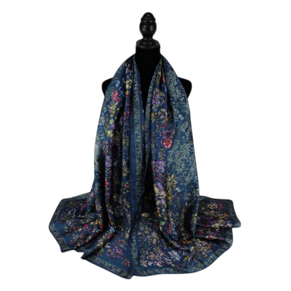 Vintage Navy Blue Floral Garden Silk Touch Large Scarf Shawl