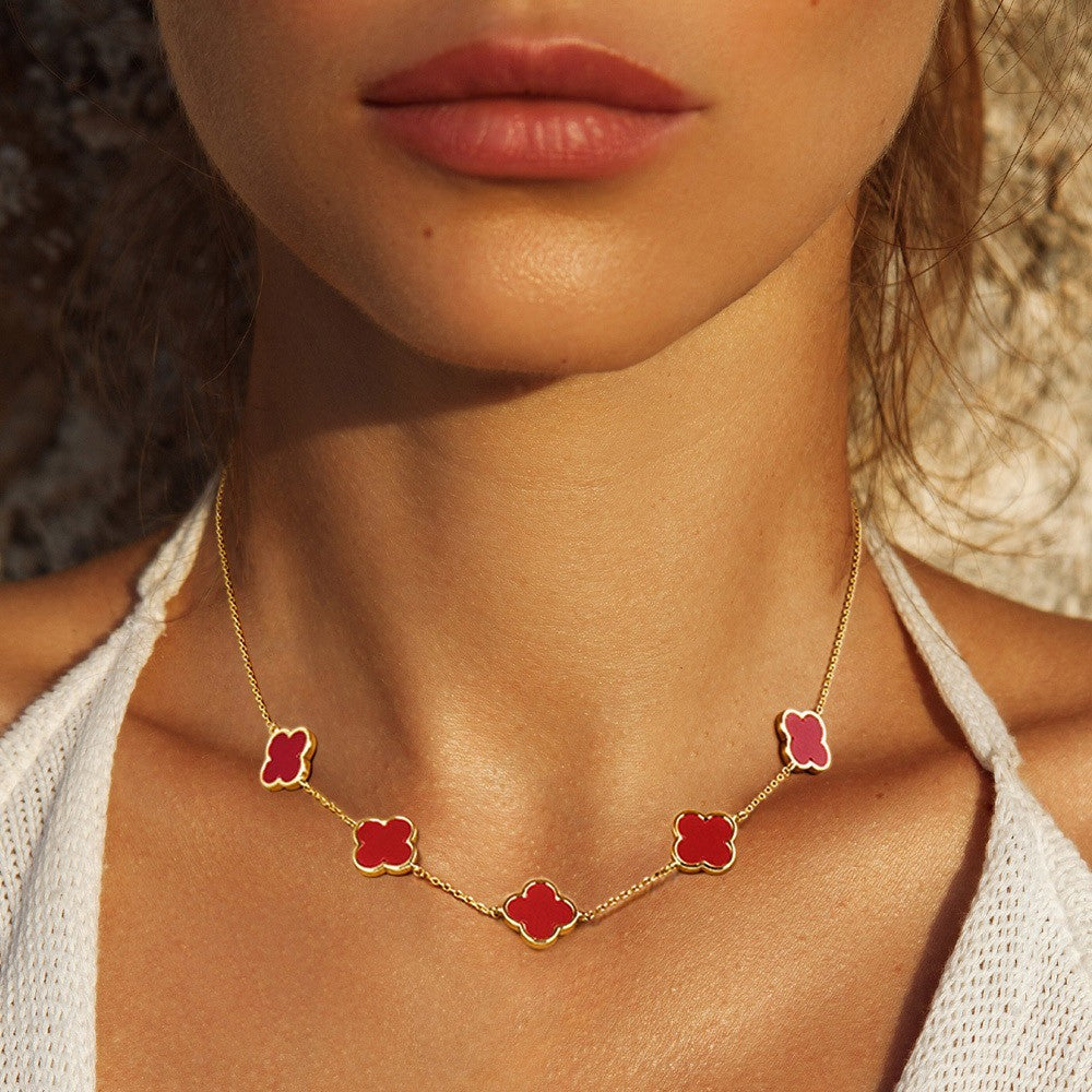 Gold Dipped Red Quatrefoil Station Necklace for Women Elegant Enamel Clover Chai