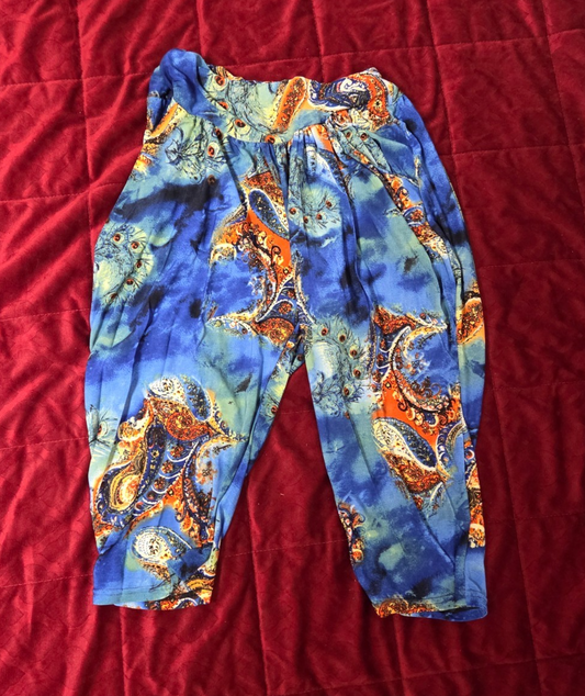 Women’s Blue Paisley Harem Shorts XL with Pockets Boho Lightweight Summer Shorts