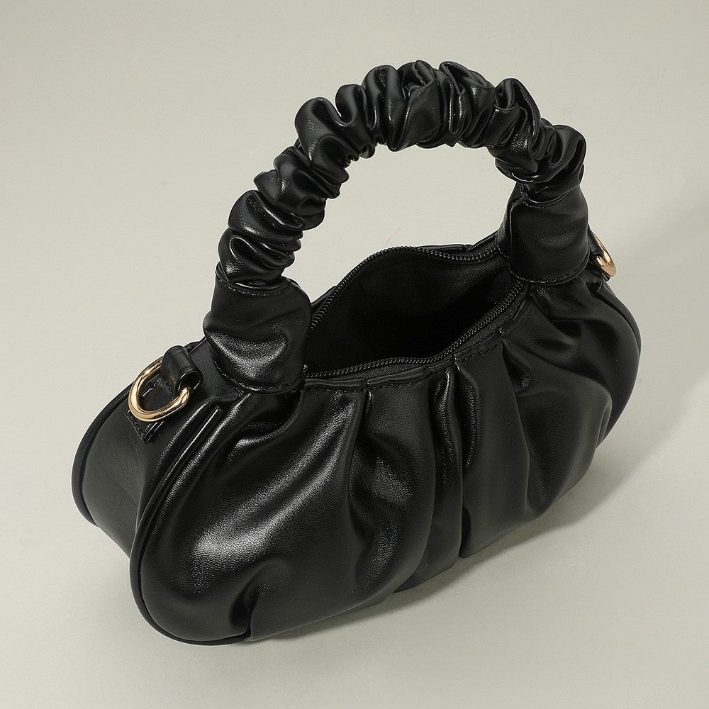 Black Ruched Vegan Leather Handbag with Scrunchie Handle and Gold Chain Link