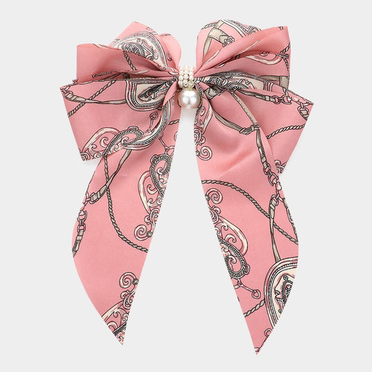 Pink Oversized Pearl Bow Hair Clip Barrette Chain Dangle Trendy Accessory