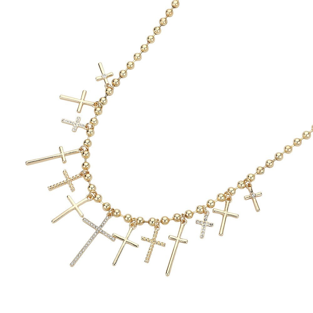 Gold Cross Charm Necklace Statement Beaded Chain Adjustable Spiritual Jewelry