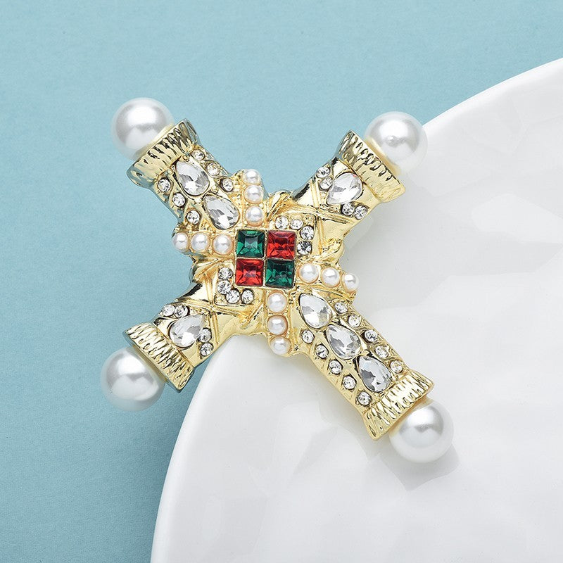 2pcs Vintage Maltese Cross Brooch Pin Set Gold Emerald Red Pearl Byzantine Ornat