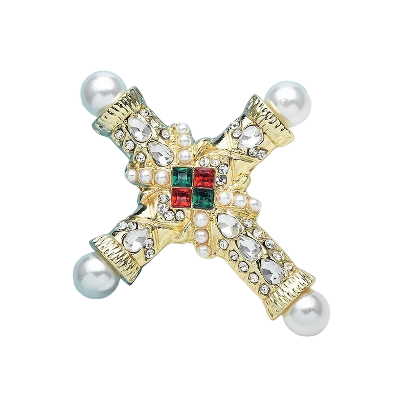 Vintage Maltese Cross Brooch | Gold-Tone Byzantine Statement Pin with Emerald, Ruby & Pearl