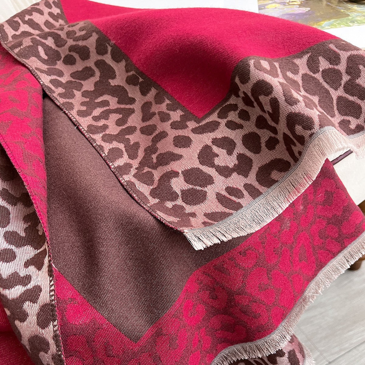 Red Gray Leopard Print Shawl Wrap Scarf Oversized Blanket Cashmere Feel Tassel