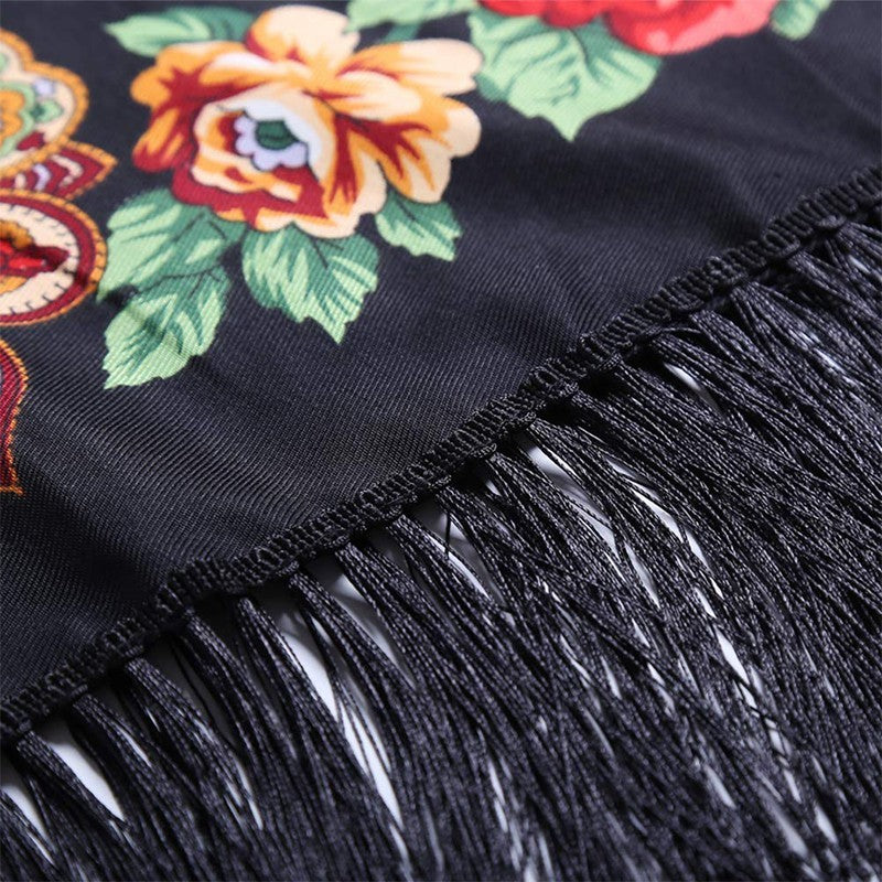 Black Floral Paisley Russian Style Scarf Shawl Polyester Fringe 67" x 27.5"