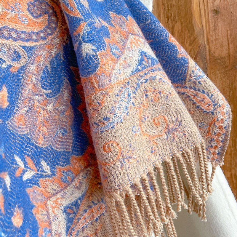 Reversible Blue Orange Paisley Cashmere Feel Shawl Wrap Fringe
