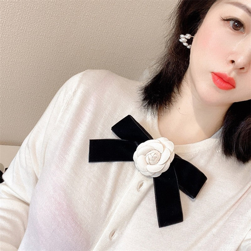 White Camellia Flower Black Velvet Bow Brooch Pin Corsage