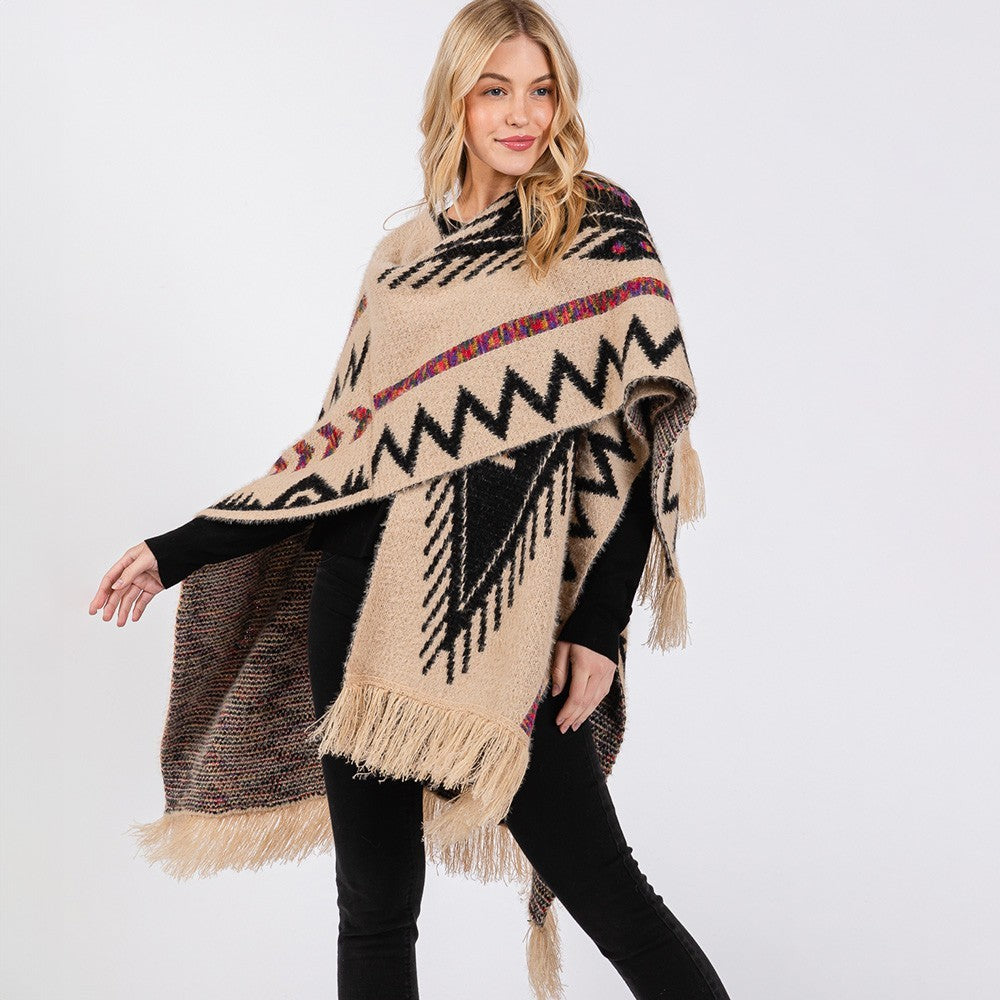 Fuzzy Aztec Pattern Tassel Knit Ruana Poncho Shawl Cape Wrap for Women