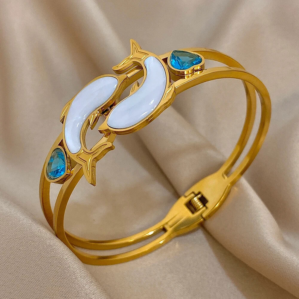 Stainless Steel Dolphin Charm Hinge Gold Tone Bracelet for Women