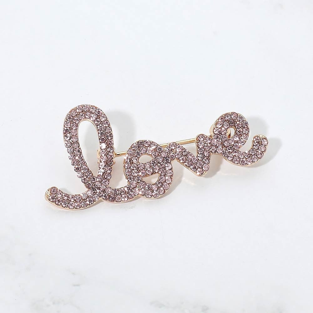 2pc Sparkling Red & Pink Cursive Love Script Rhinestone Brooch Pin Jewelry Set