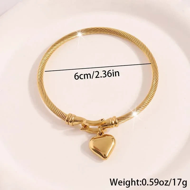 Stainless Steel Gold Color Heart Pendant Bracelet for Women Men Waterproof Charm