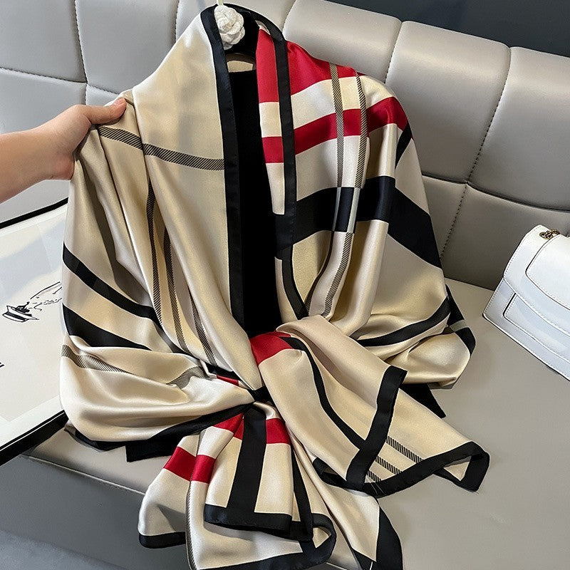 Silk Feel Beige Red Black Plaid Scarf Shawl Wrap | Women’s Satin Check Print