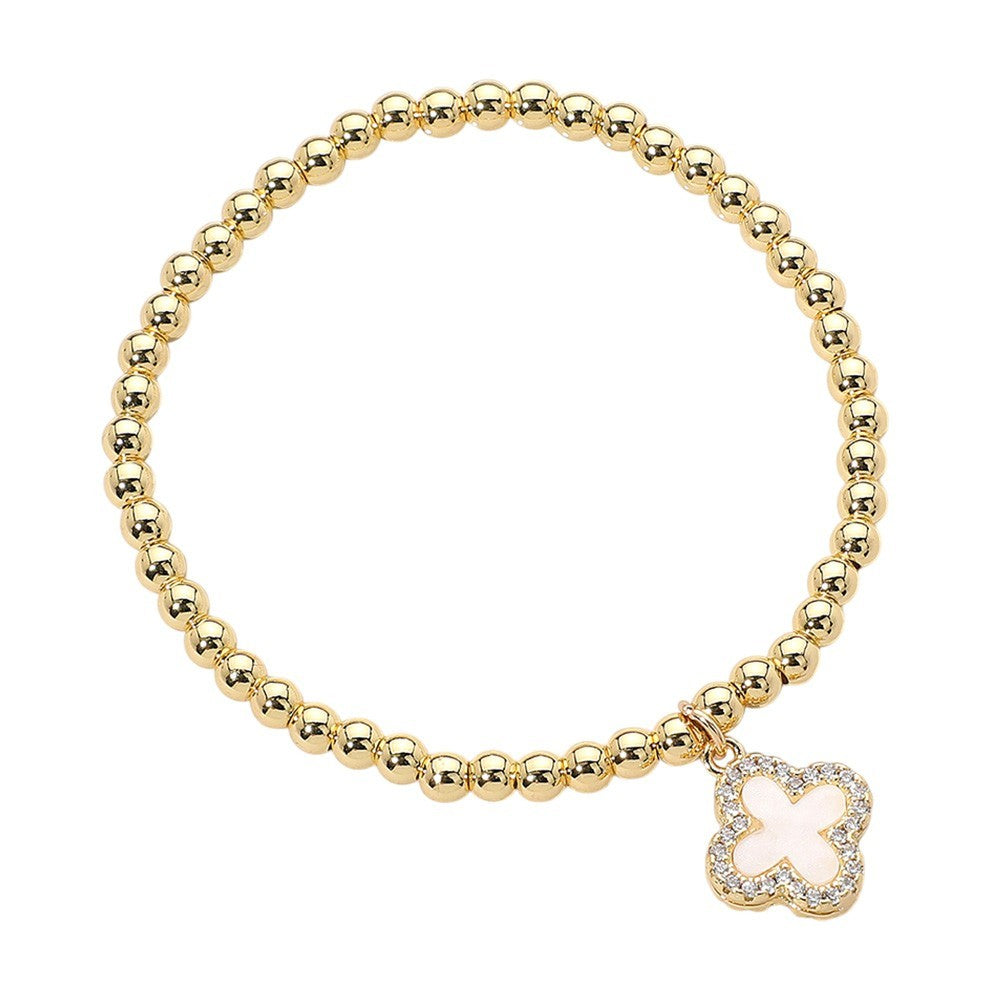 Reversible Stainless Steel Quatrefoil Beaded Stretch Bracelet – Mother of Pearl
