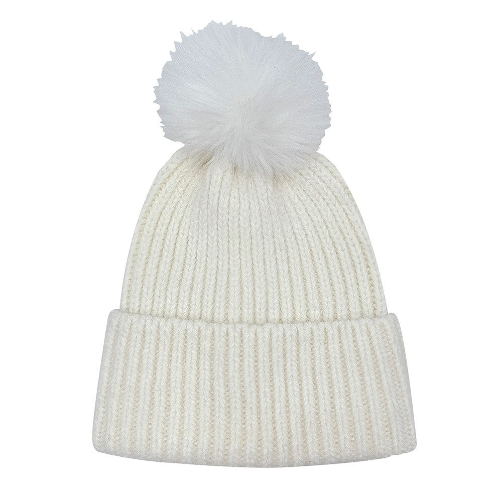 Women's Winter Beanie Hat White 100% Acrylic Solid Knit Pom Pom Accent 8.3"x8.3"