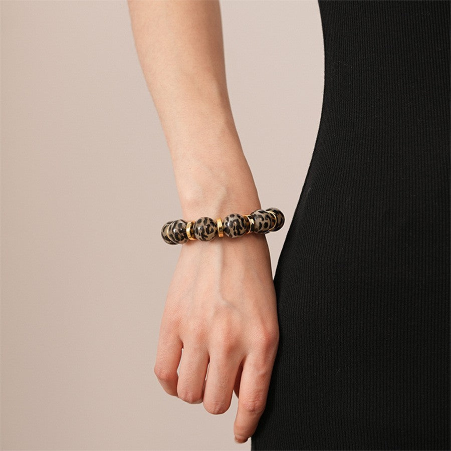 2PC Leopard Print Acrylic Beaded Bracelets Gold Spacers Set Stretch