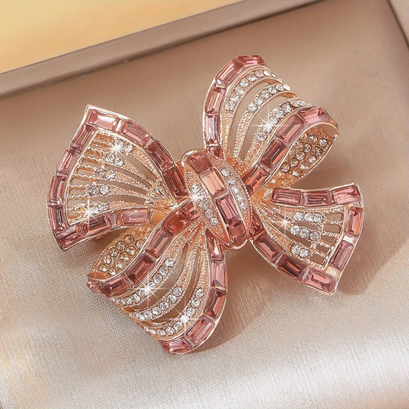 2pcs Sparkling Rhinestone Bow Brooch Pin Set Blue Pink Silver Tone Fashion